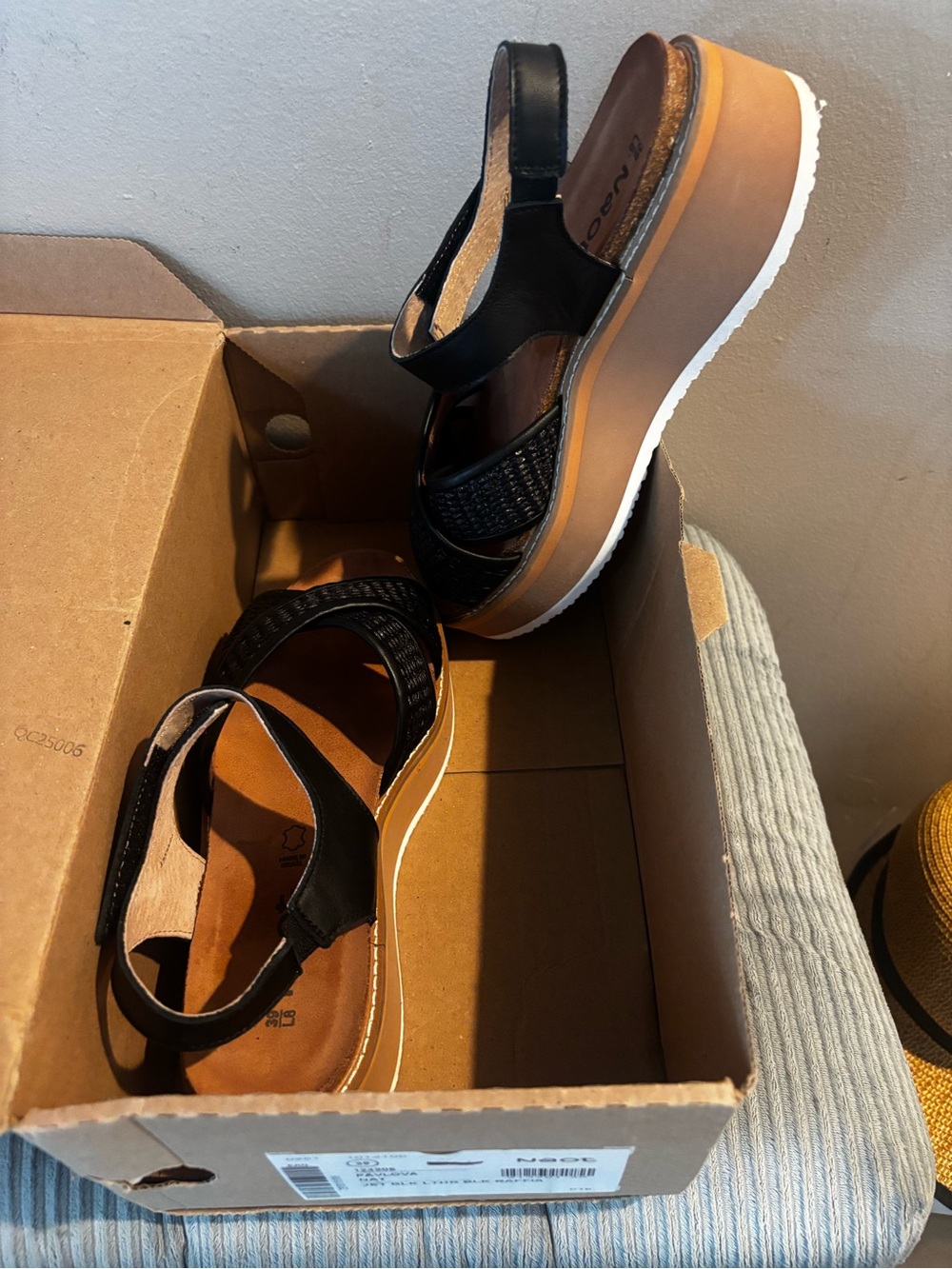 Naot Black Woven Leather Platform Sandals with Brown Midsole